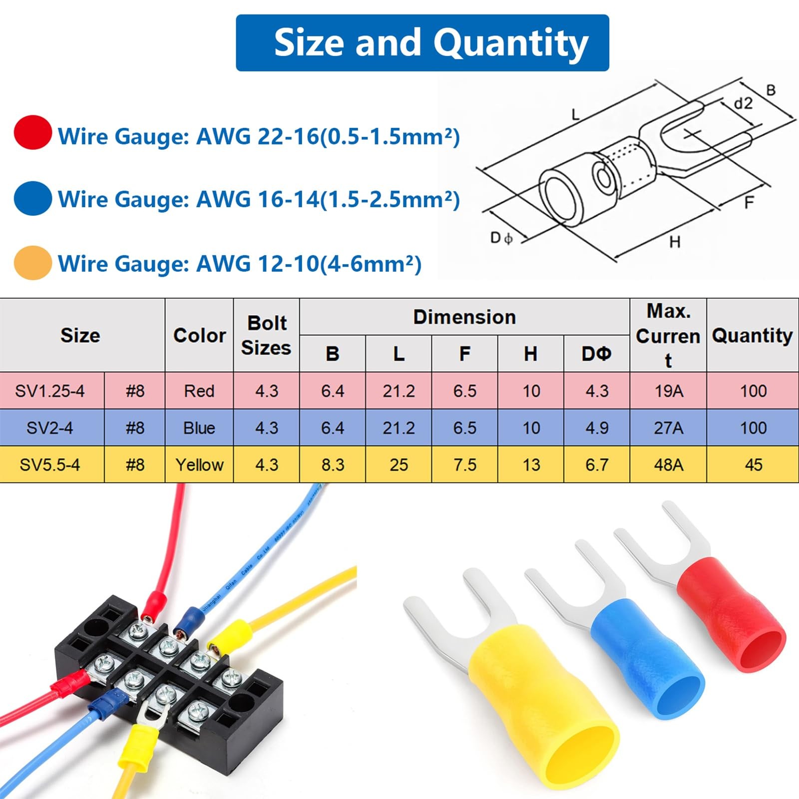 smseace 245Pcs #8 Fork Spade Connectors 22-16/16-14/12-10 #8, multicoloured