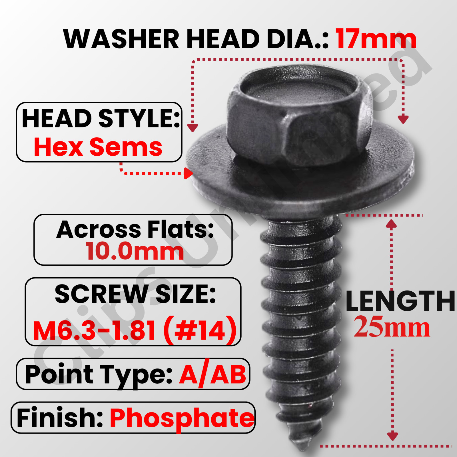 Hex Head SEMS Screw 6.3-1.81 x 25mm 16mm OD Phosphate 12339 GM 11500996 Bulk