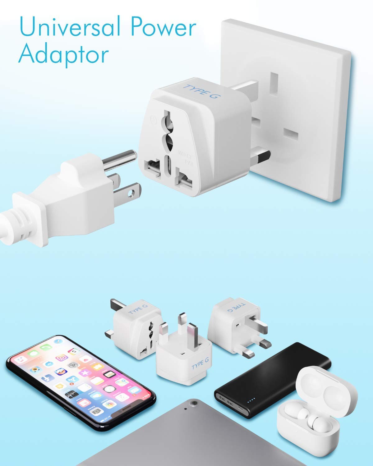Ceptics UK, Hong Kong, Ireland, UAE Travel Plug Adapter (Type 3 Pack, White