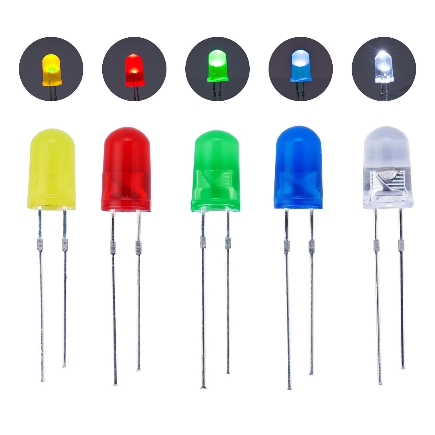 300 Pcs 3mm & 5mm LED Diode Assortment Kit – 5 Colors White/Red/Blue/Green/Ye…