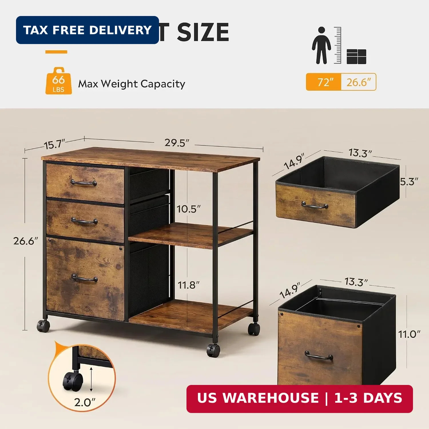3 Drawer Mobile File Cabinet with Open Storage Shelf | Rolling Printer Stand, Fa