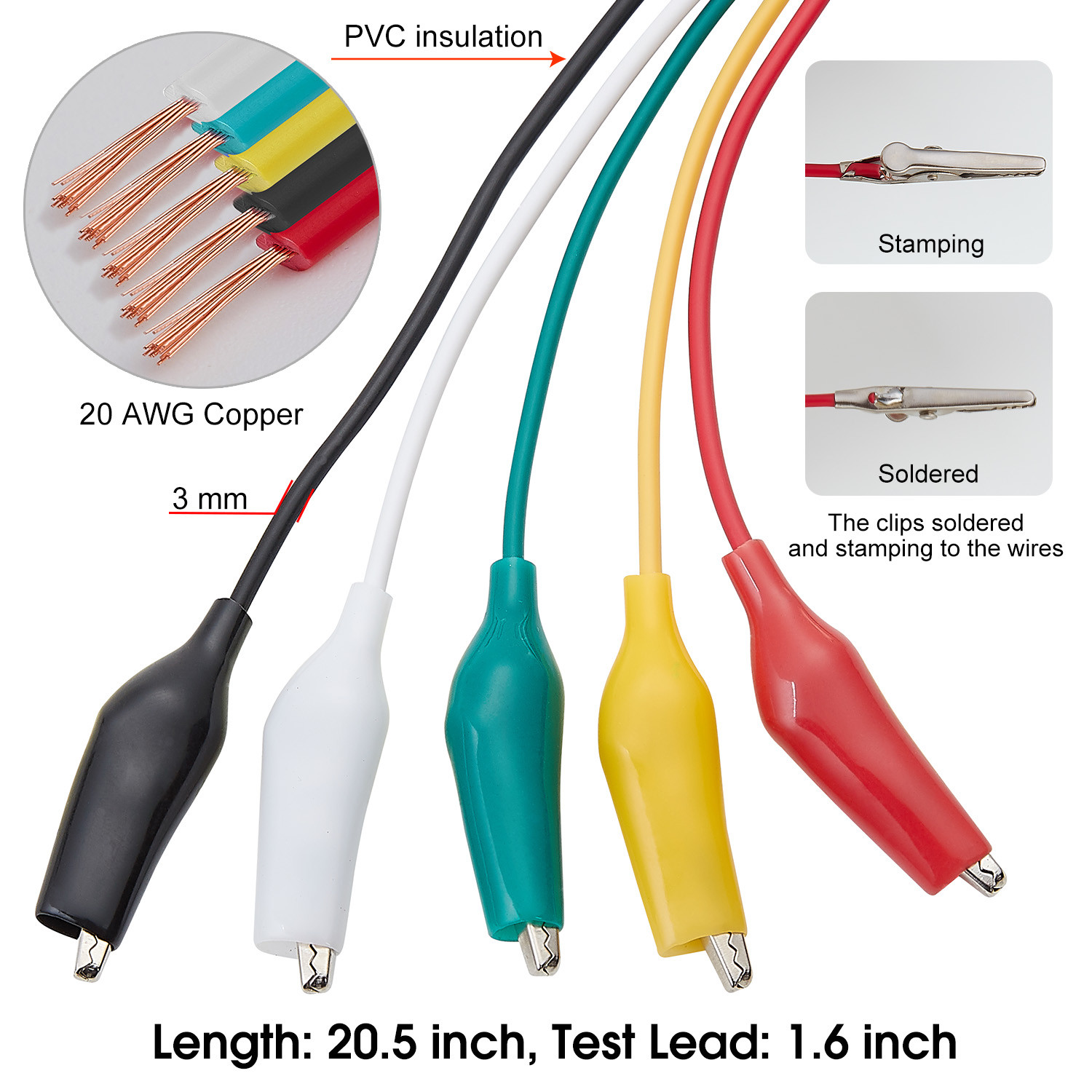 WGGE WG-026 20 Pieces and 5 Colors Test Lead Set & Alligator Clips,20.5 inches