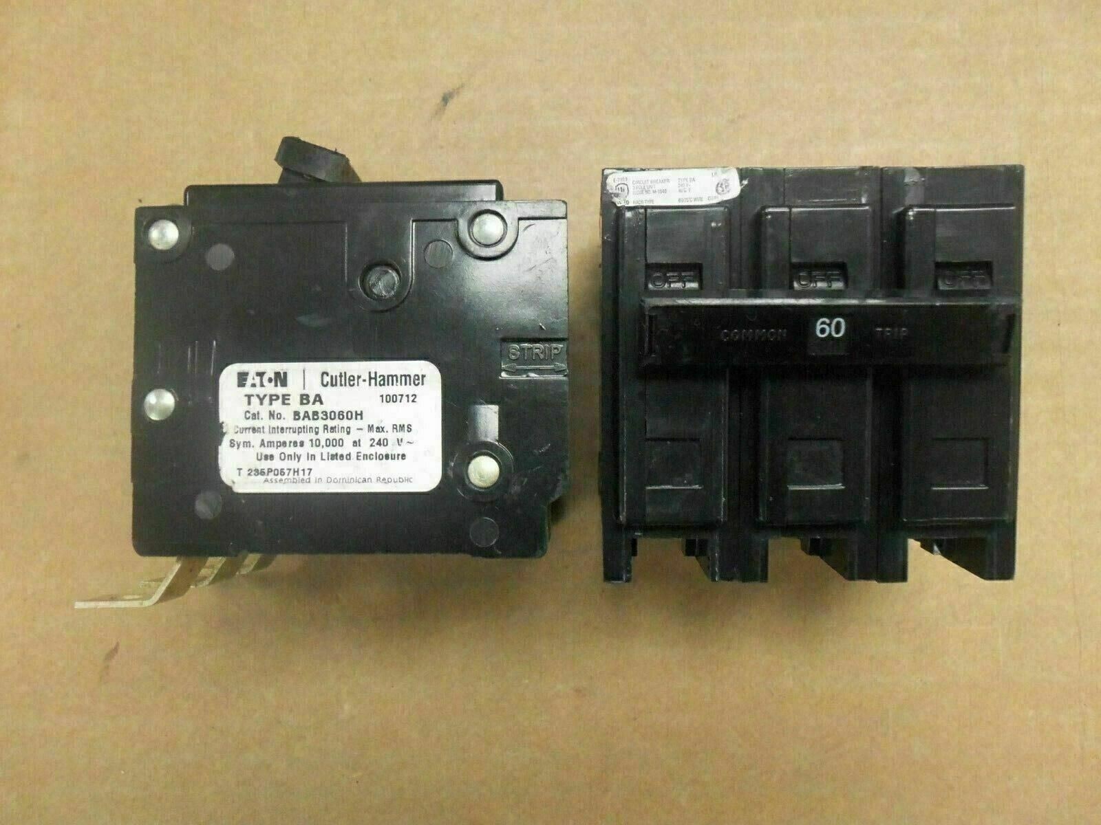 Eaton C-H Westinghouse BAB BAB3060H 3 Pole 60 Amp 240v Bolt On Circuit Breaker