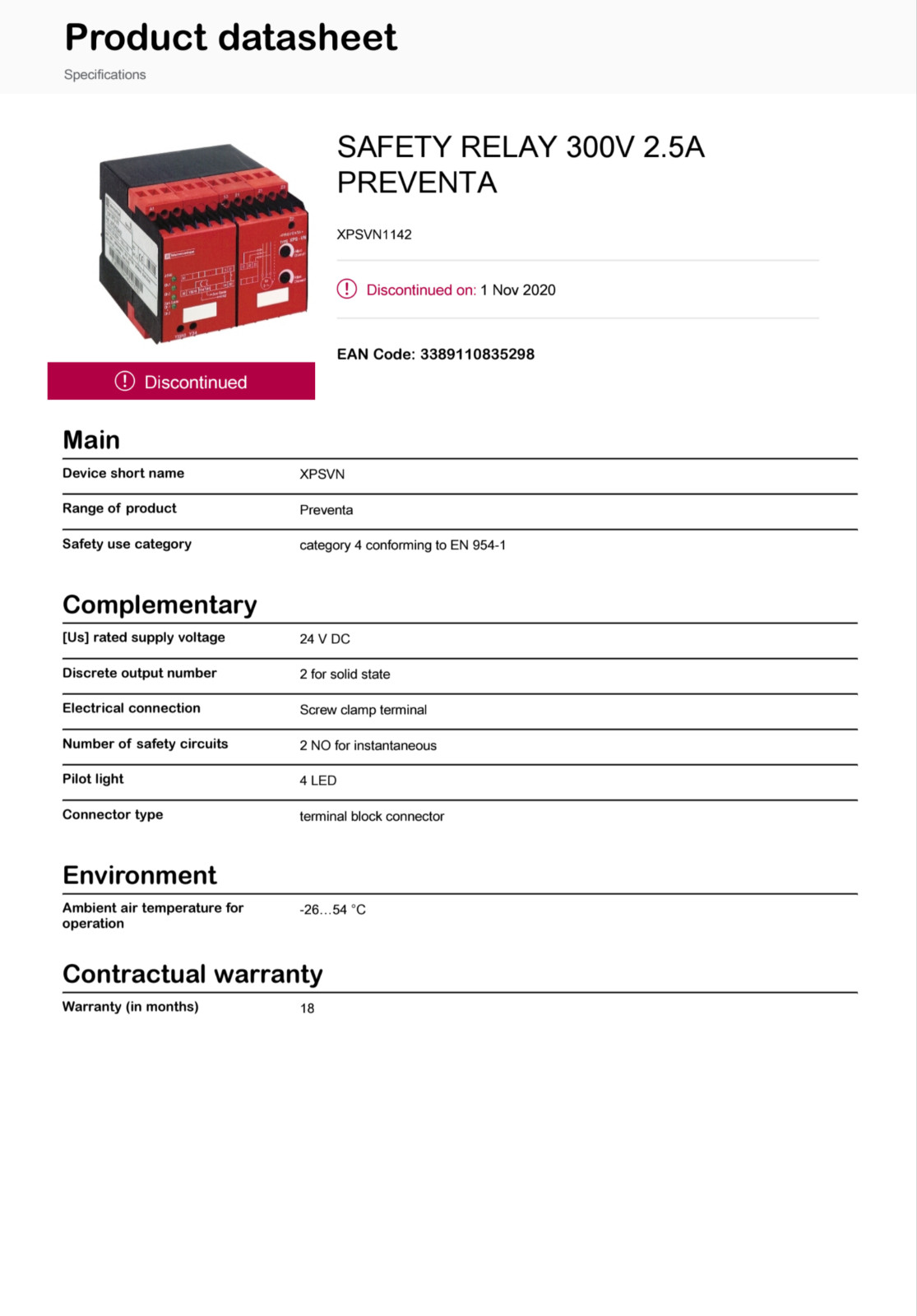 Telemecanique XPSVN1142 Safety Relay XPS-VN 24VDC Zero Speed Detection