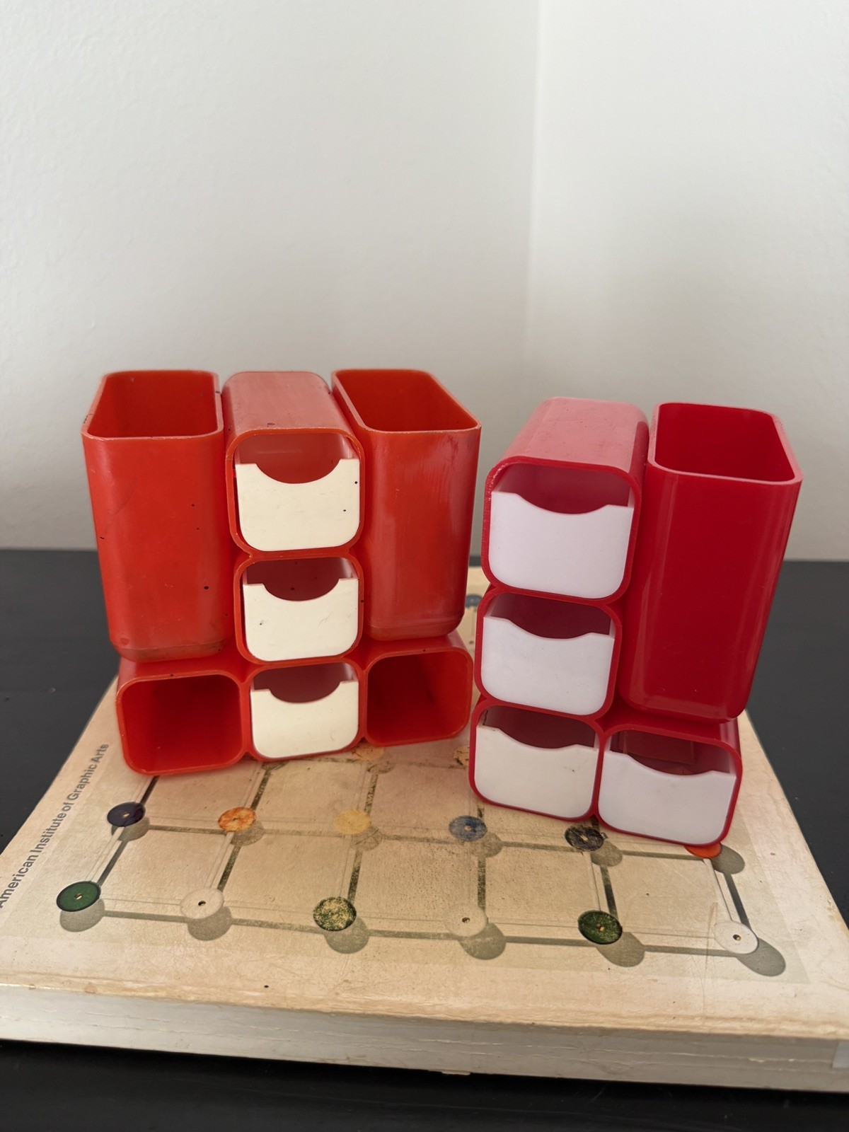 1970s Atomic HOF Red Drawer Desk Organizer, Made in Hong Kong, Set of 2, AS IS