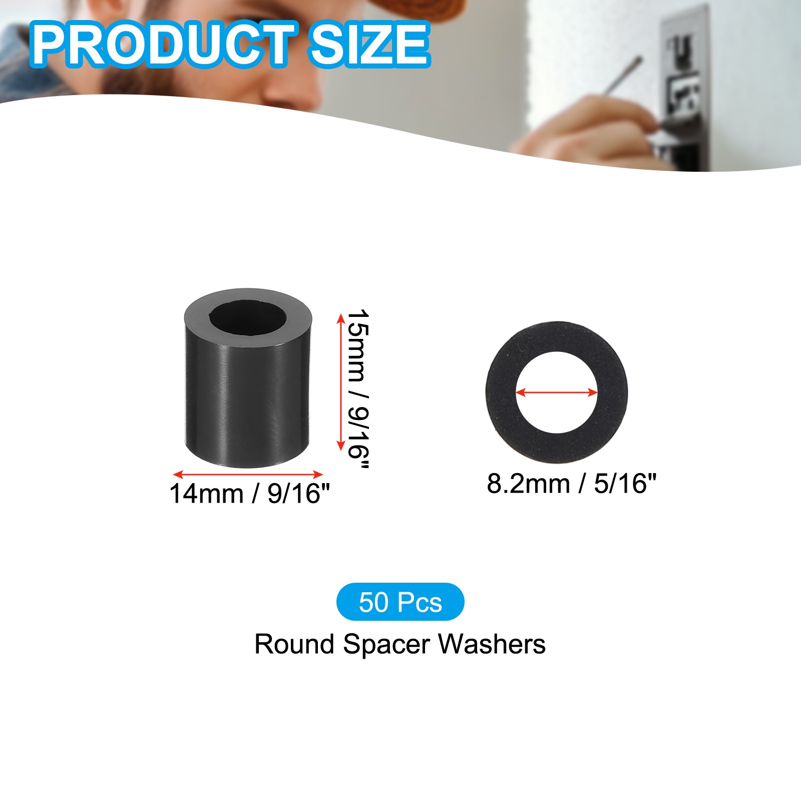 M8 Black ABS Inner Diameter 0.32″, Outer Diameter 0.55″,Length 0.6″, 50Pcs