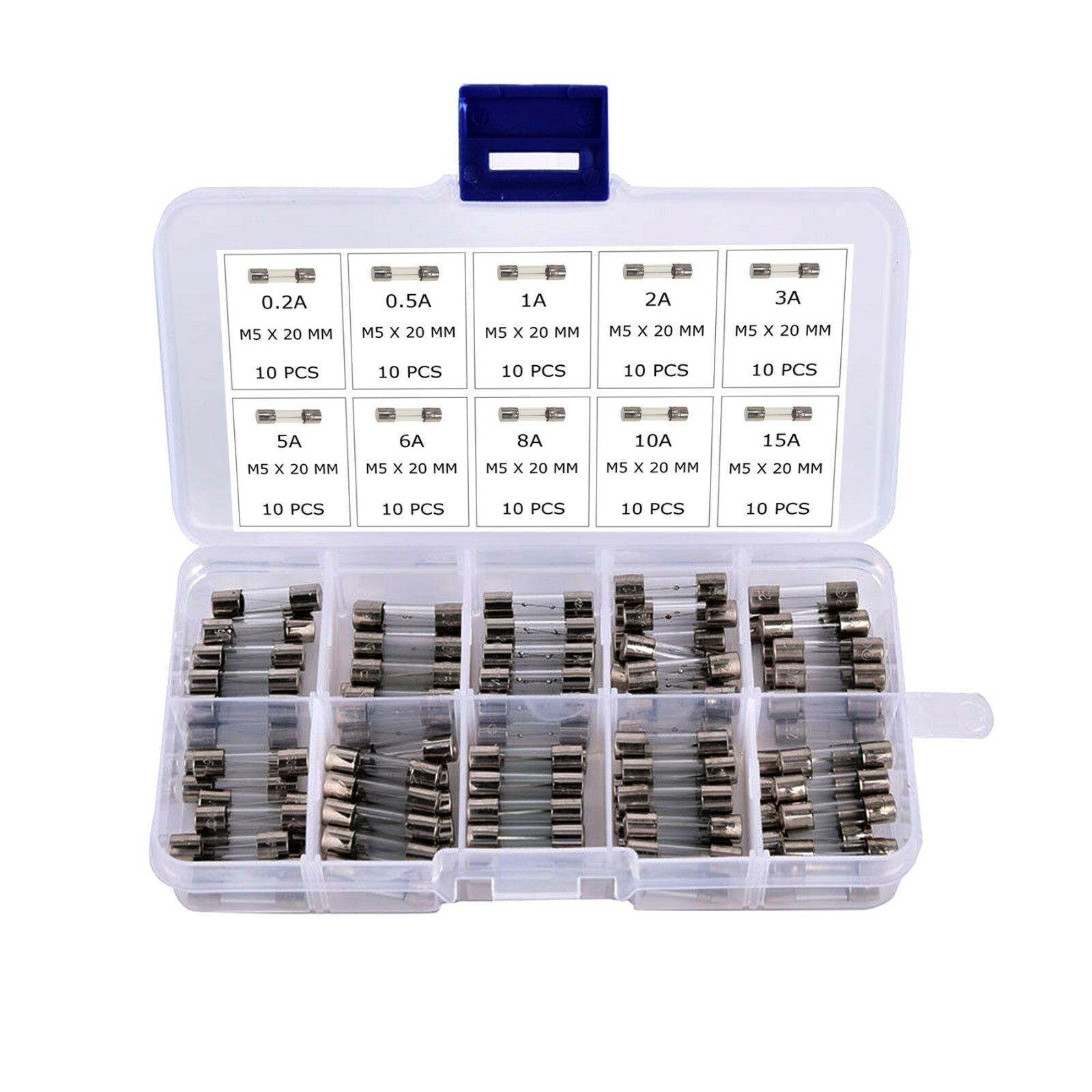 100Pcs 5x20mm Quick Blow Glass Tube Fuse Assorted Kits Fast Action Glass Fuses