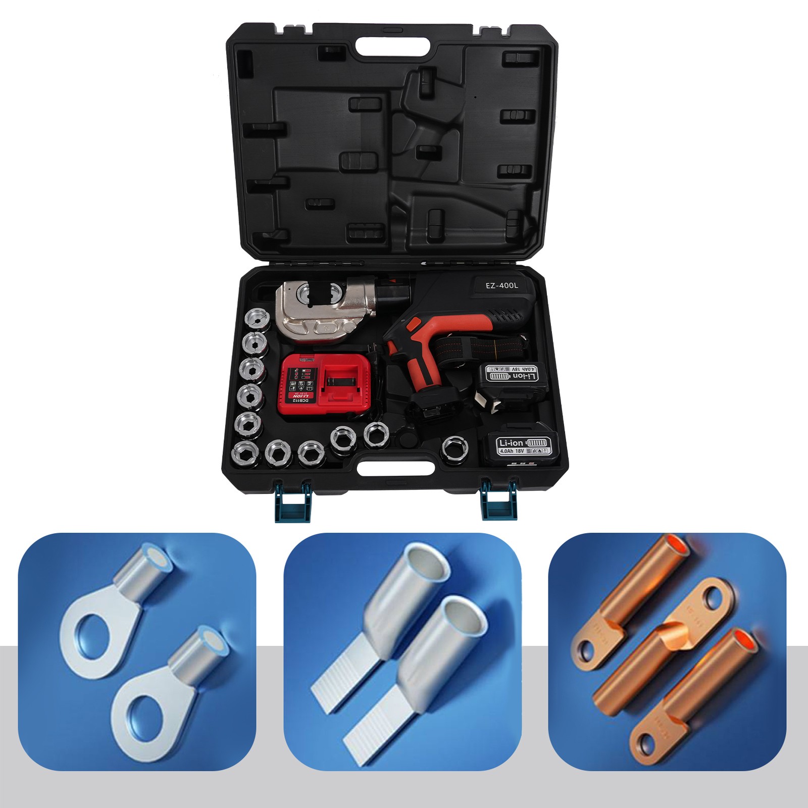 Rechargeable Electric Hydraulic Plier Crimping Tool 16-400mm² Crimper 18V 12Dies