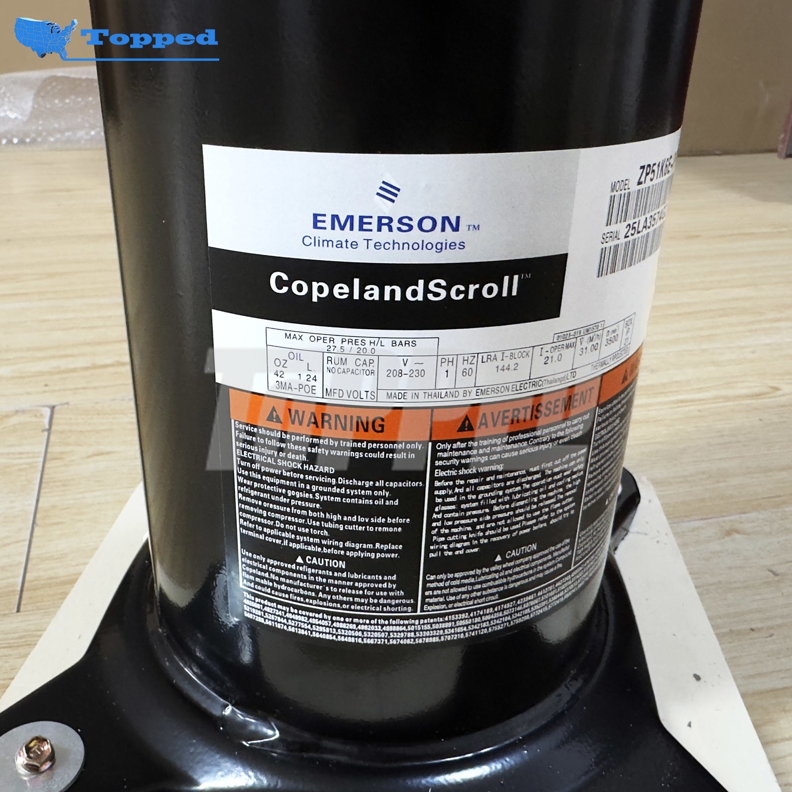 New Scroll Compressor 208-230V 1PH 4-4.9 Tons R410A for Copeland ZP51K6E-PFV-130