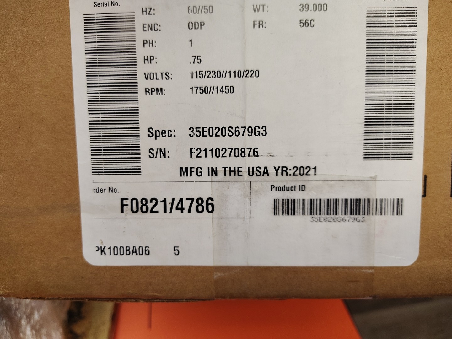 Baldor Reliance Super E Motor 35E020S679G3 .75 HP 1750/1450 RPM PH 1 ABB 115/230