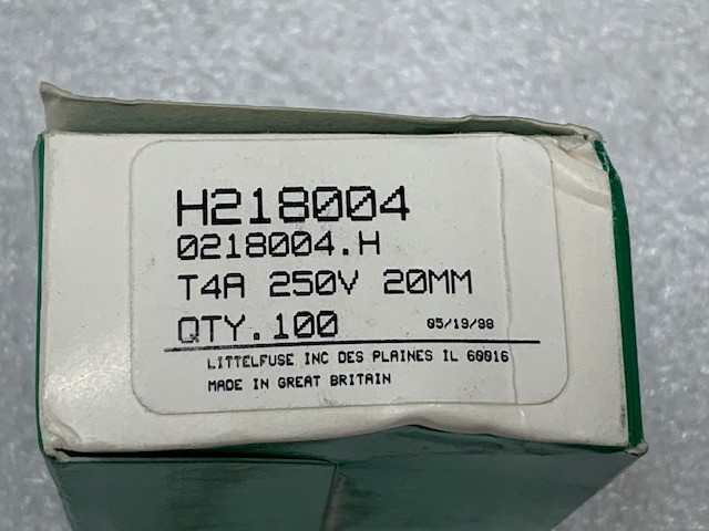 Littlefuse Inc Glass Fuse H218004 T4A 250V 20x5mm Brand New – Box of 100 pcs