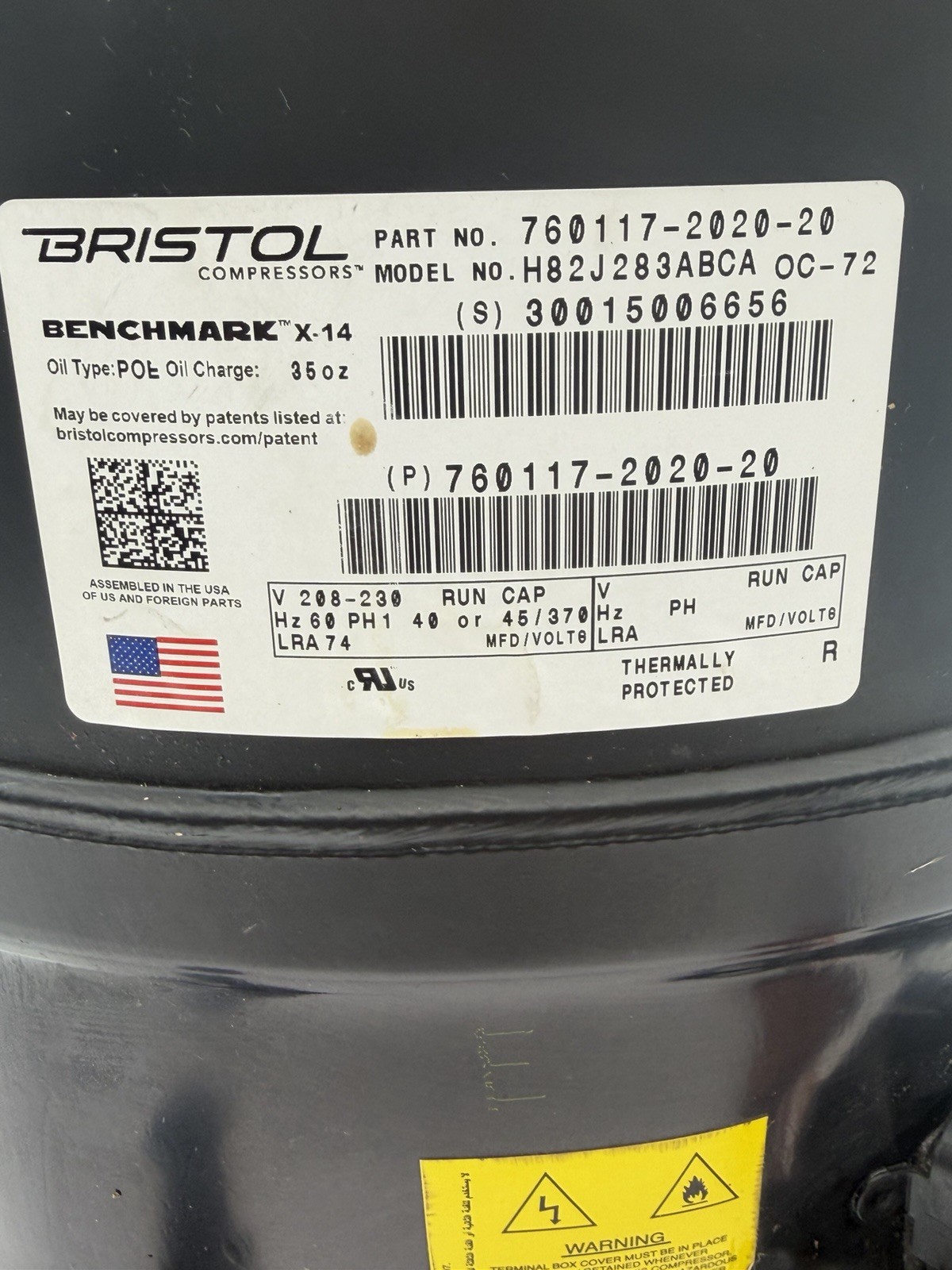 BRISTOL H82J283ABCA Compressor 760117-2020-20 28,100 BTU 230V 1PH 60HZ R410