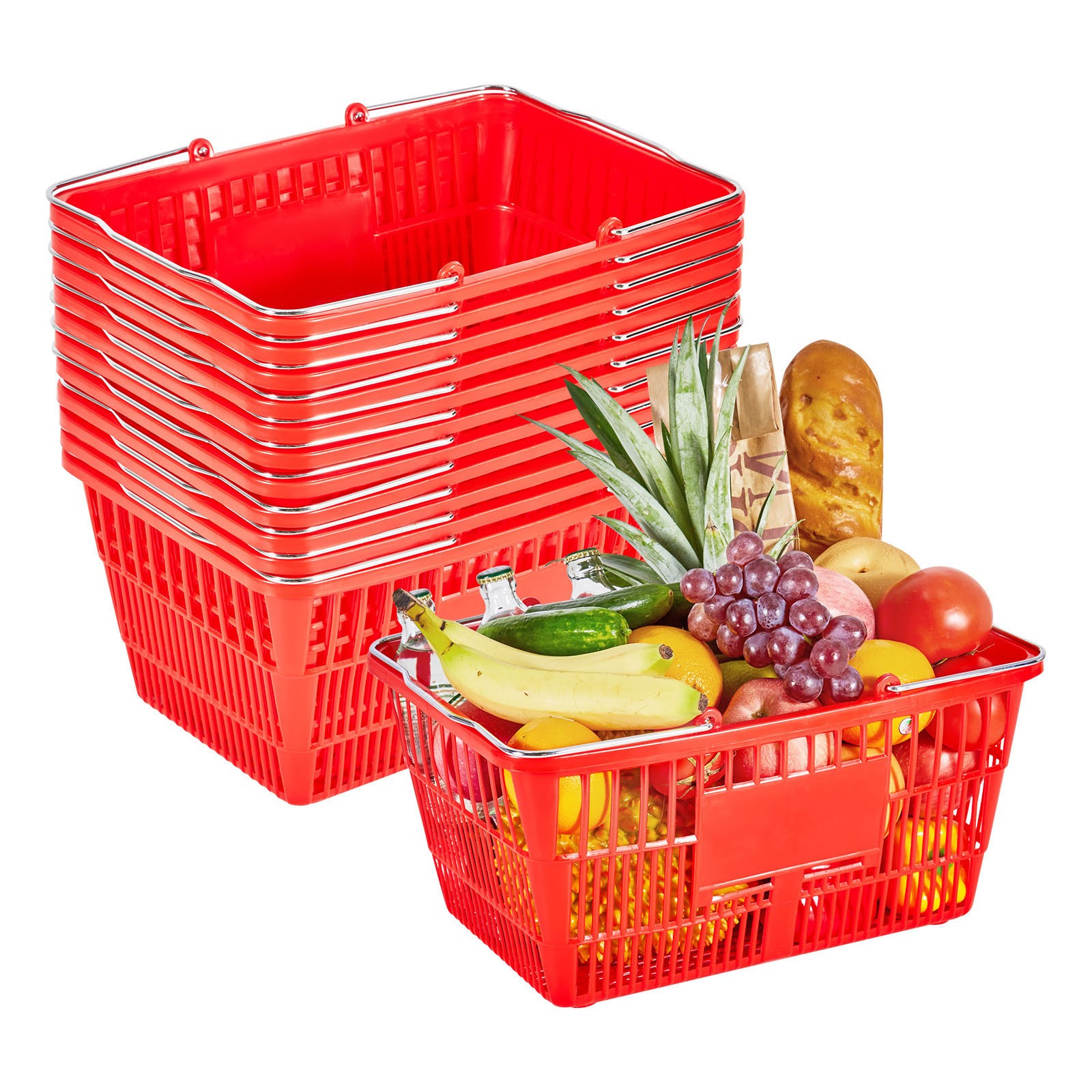 Uimoso 12 Stackable Plastic Shopping Baskets with Handles, Red for Grocery Use
