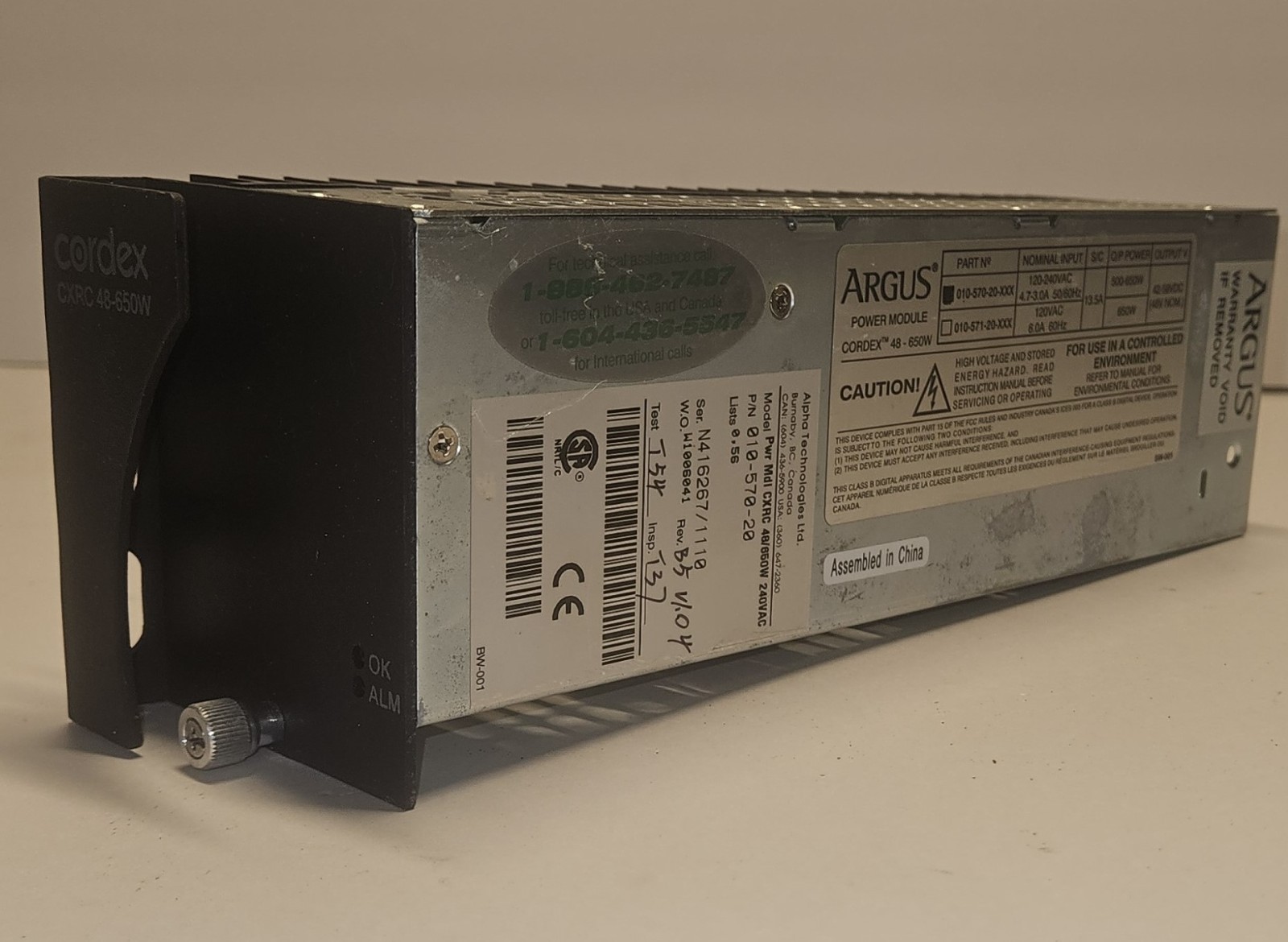 ARGUS / ALPHA CORDEX CXRC 48V-650W 010-570-20 HOT RECTIFIER MODULE 120-240VAC