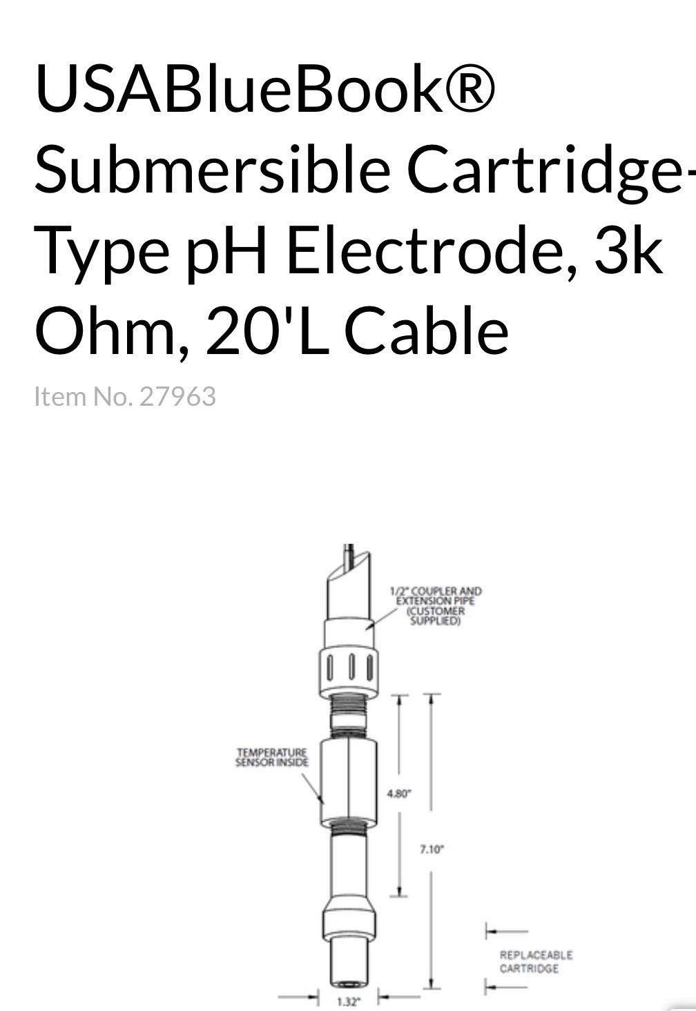 USABlueBook Submersible Cartridge-Type PH Electrode 27963