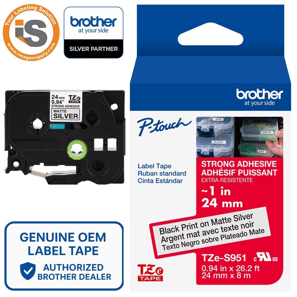 Genuine Brother TZe-S951 Strong Adhesive Black on Silver 24mm 1″ Label Tape
