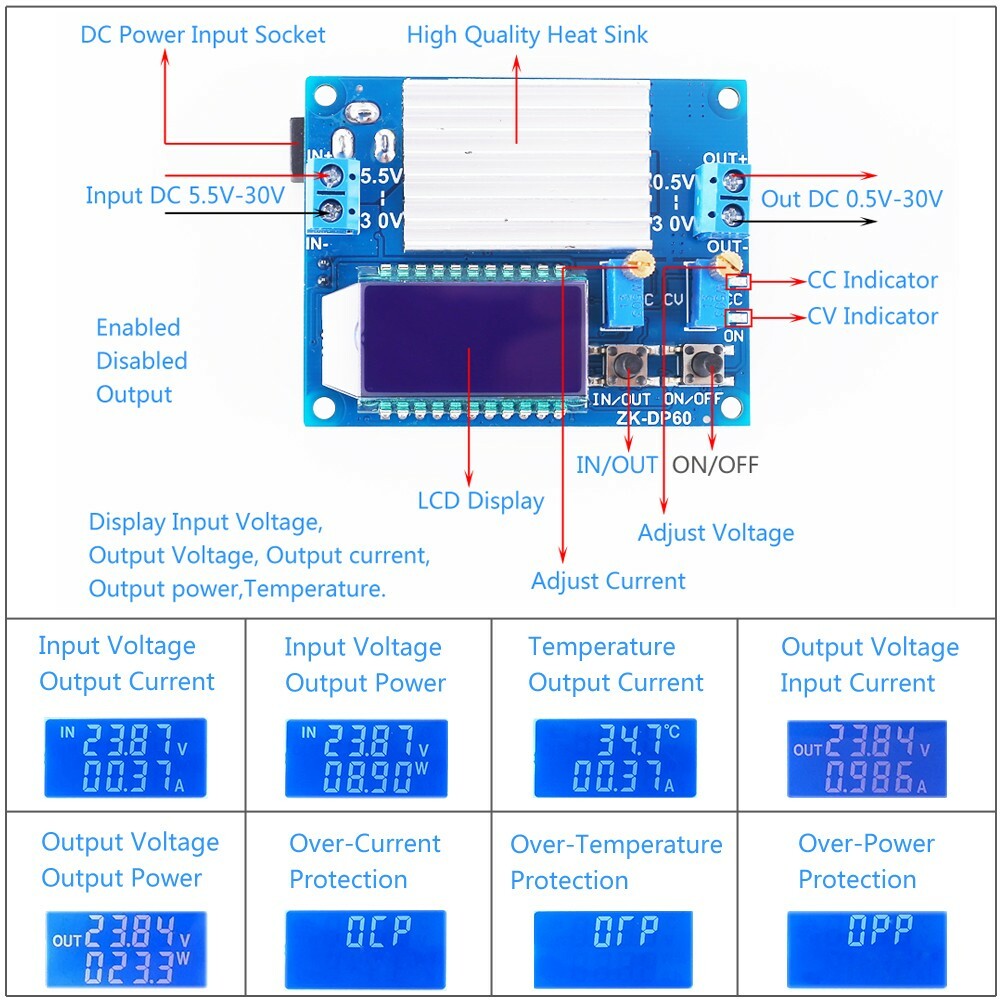 2pc 60W Adjustable Buck Boost Step Up Step Down Power Supply Module with Fan LCD