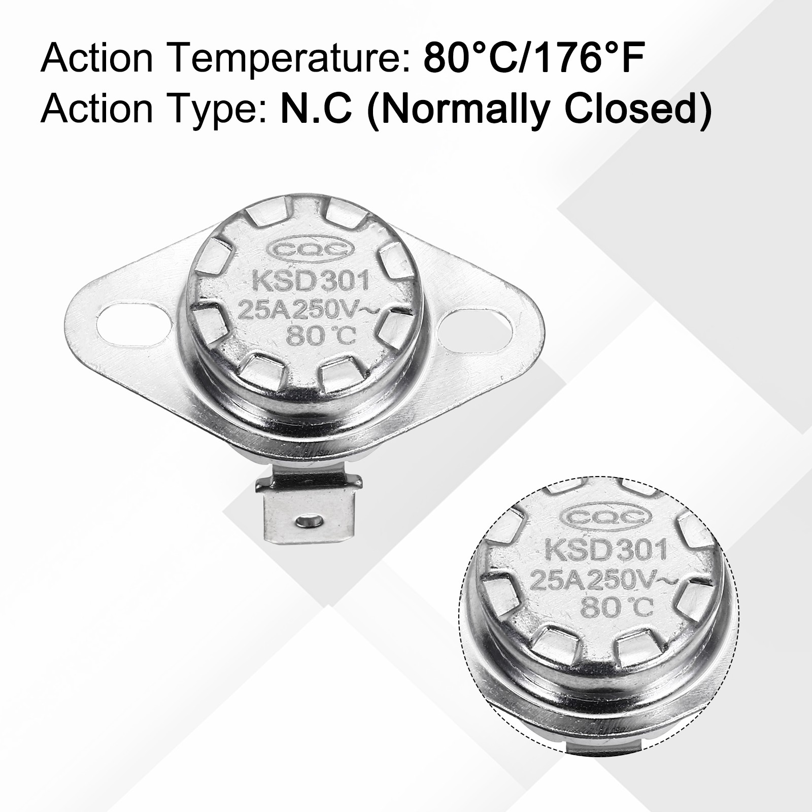 2 Pcs KSD301 Thermostat 80°C/176°F 25A N.C with Terminal Wire