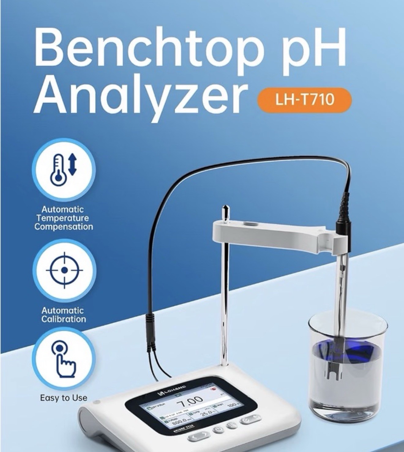 LOHAND LH-T710 Benchtop pH Meter w/ Electrode Probe, Color LCD, -2~16pH