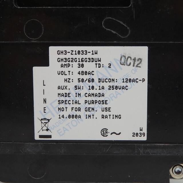 Eaton 30A 480VAC 3-Pole Long Time Delay Curve Circuit Breaker GH3-Z1033-1W