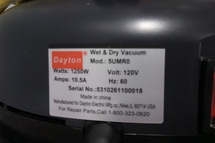 Dayton 5UMR0 1 Peak HP 120V 18 Gal Tank Size Wet/Dry Shop Vacuum