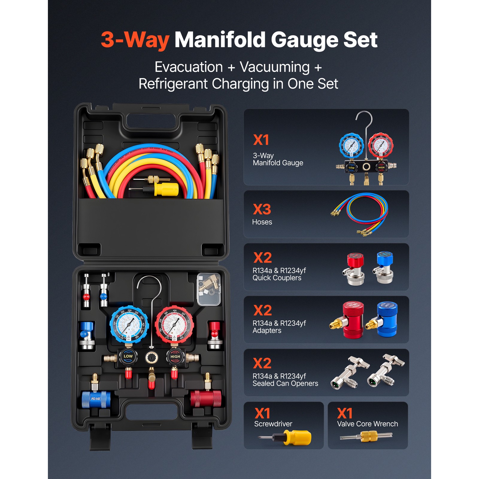 Uimoso 3-Way AC Manifold Gauge Set for R134a R404A R1234yf R22 Refrigerants