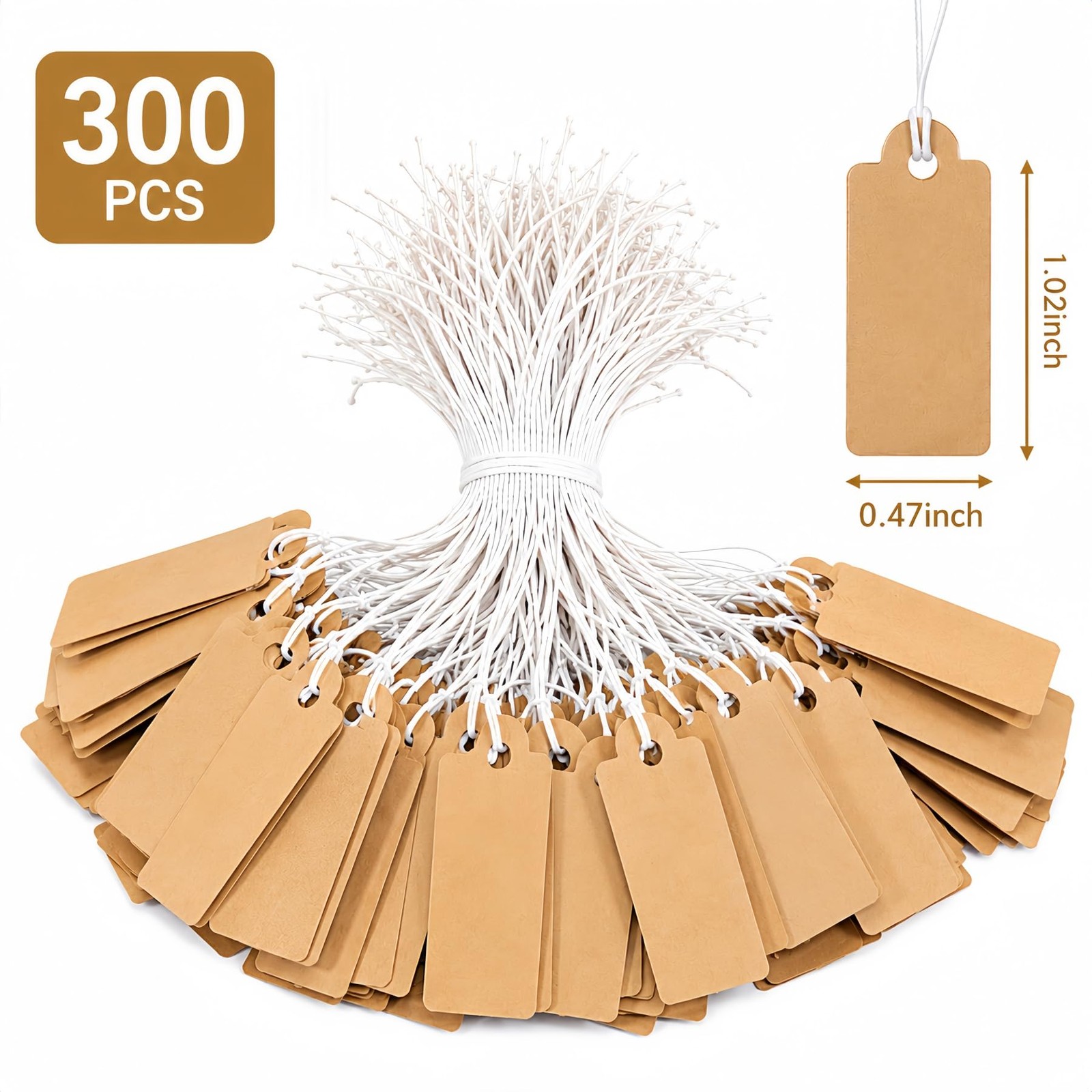 300 Pcs Small Price Tags with Elastic String, Brown Kraft Jewelry Tags