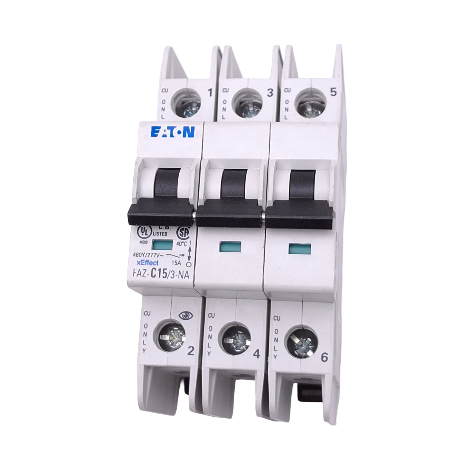 Eaton FAZ-C15/3-NA Circuit Breaker, 3-Pole, 15A, 480Y/277VAC Max, DIN Rail