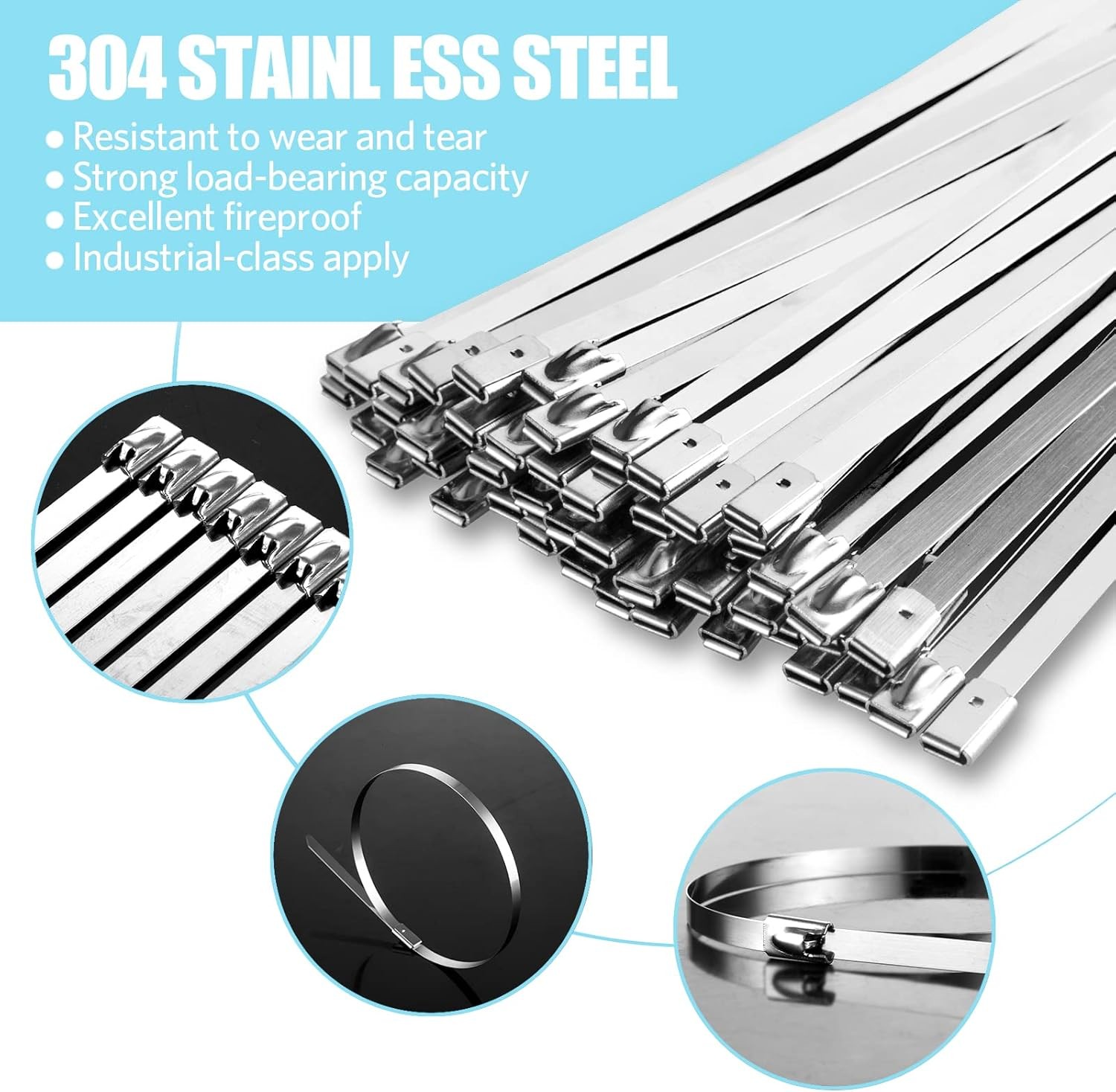 100PCS 11.8Inch Metal Cable Zip Ties – 304 stainless steel Heavy Duty Self