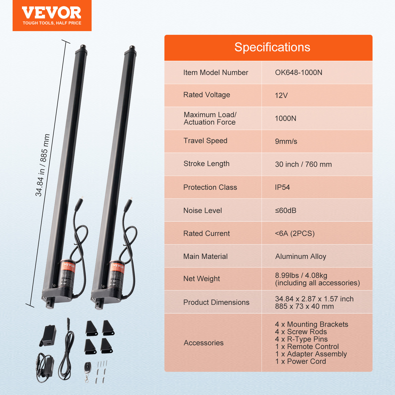 VEVOR 2PCS 12V Linear Actuator Kit 30 Inch 0.35″/s 220lbs/1000N IP54 Protection