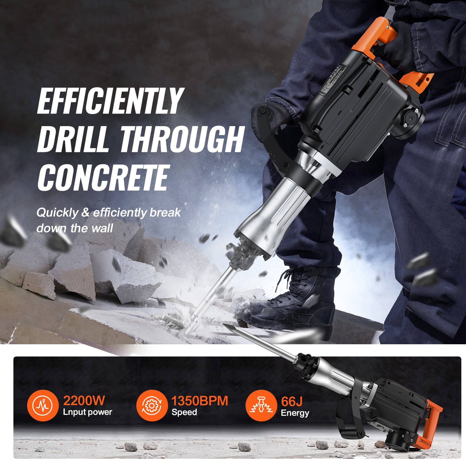 VEVOR Demolition Jack Hammer Concrete Breaker 2200W Hammer 6 Chisel Bits Black