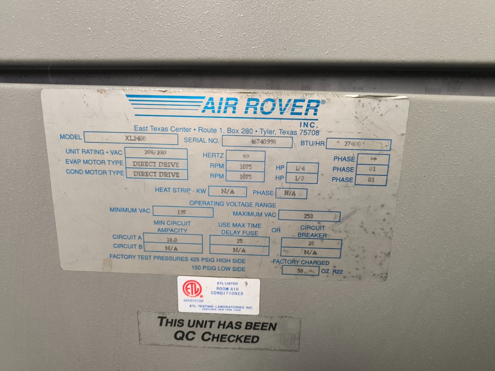 Air Rover XL2400 Commercial Portable Air Conditioner 27400 BTU/HR 208/230 V 1 PH