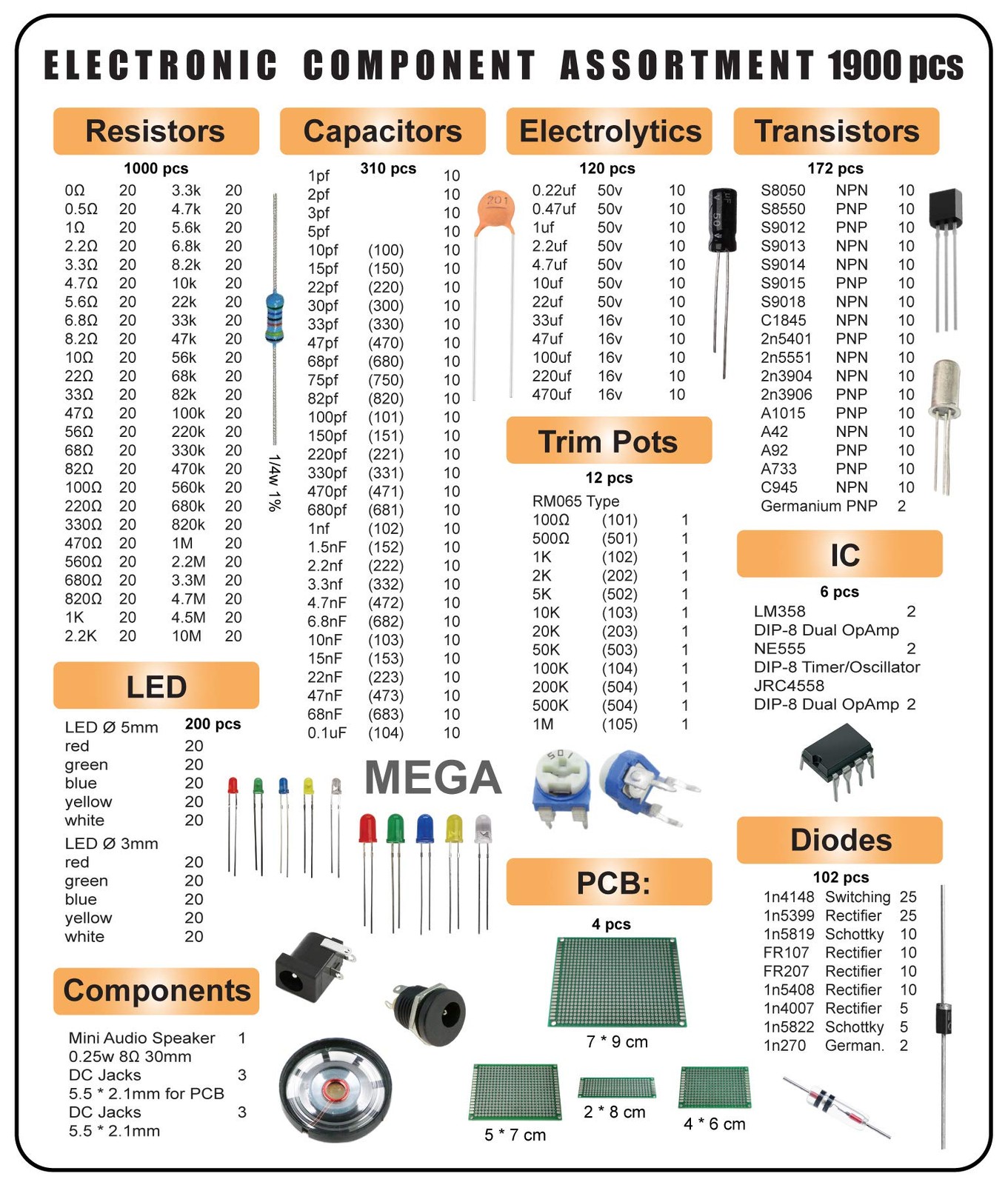 Mega Electronic Component Kit Assortment Capacitors Resistors Led Transistors Di
