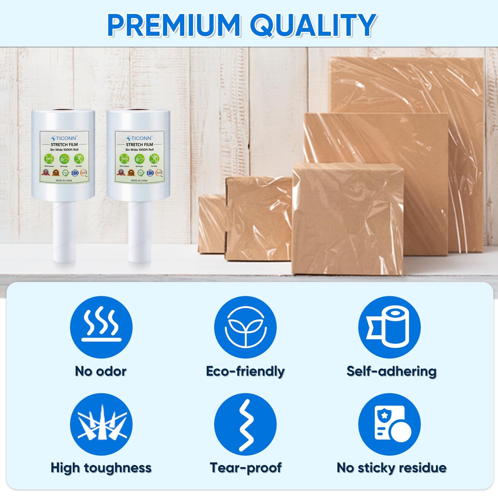 TICONN Stretch Wrap Film Roll, 1000ft Industrial 5»-1PK, Clear