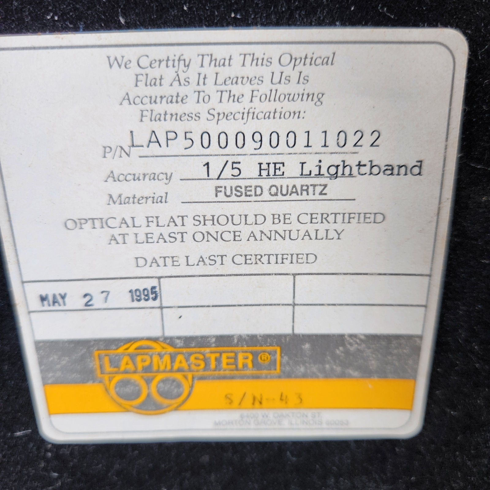 Lapmaster Fused Quartz Optical Flat: 10″ Dual Sided Surface SN43