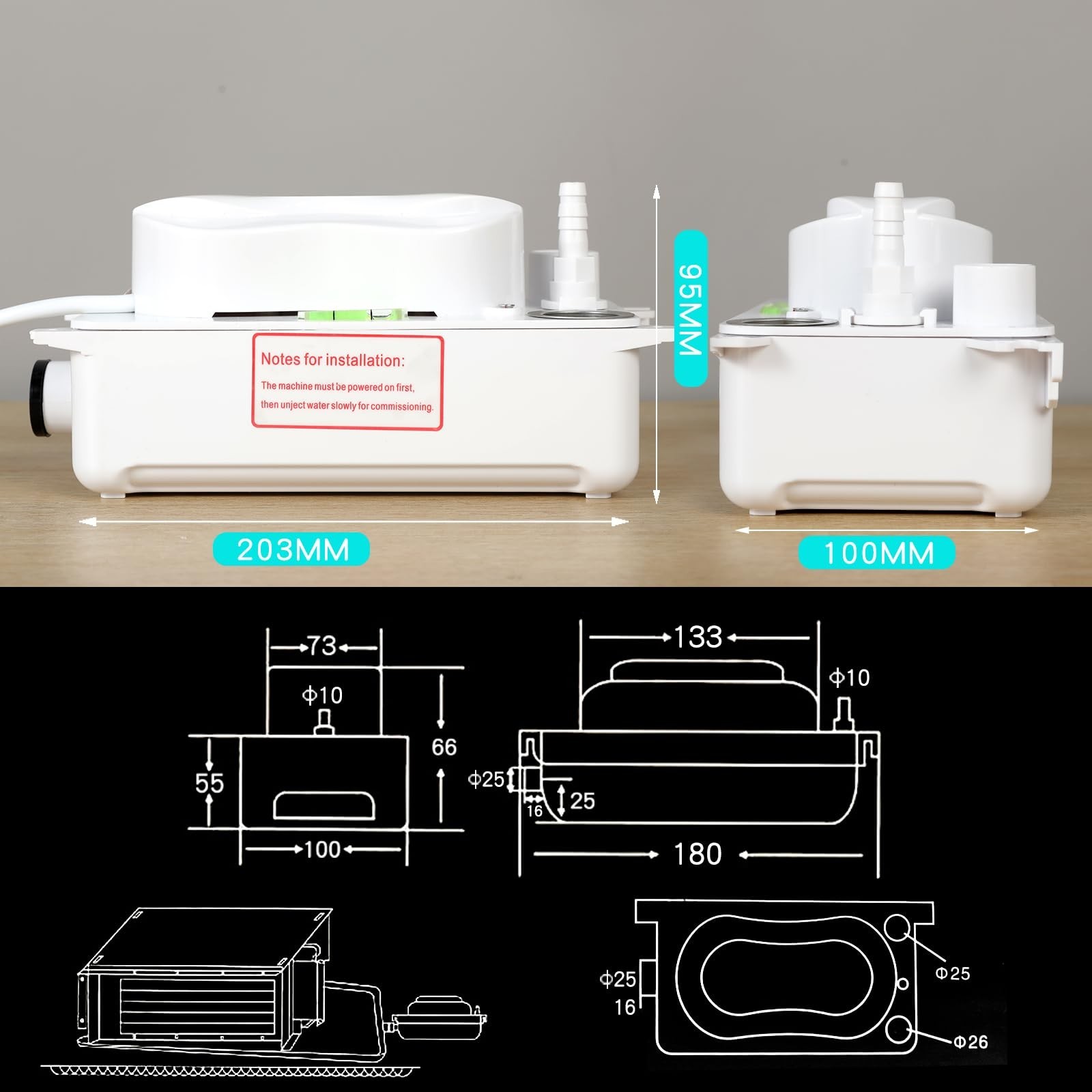 Condensate Pump, 100L/H Flow, 6.6ft/2m Lift, 0.63 Qt/0.6L Tank, Automatic Swi…