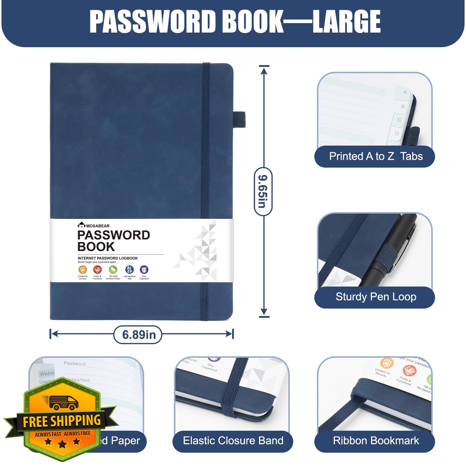 MOSA BEAR Large Dark Blue Password Book