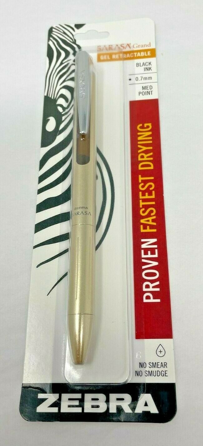 Zebra Sarasa Grand Retractable Gel Pen, Gold Barrel .7mm, Blk Ink, Carded