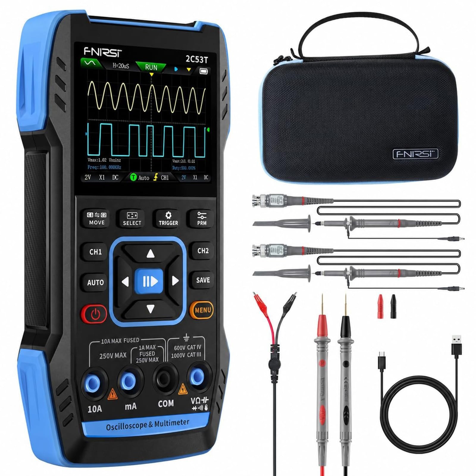 3-in-1 Handheld Oscilloscope 50MHz 2CH, 250MSa/s Sampling, Multimeter & Signal G