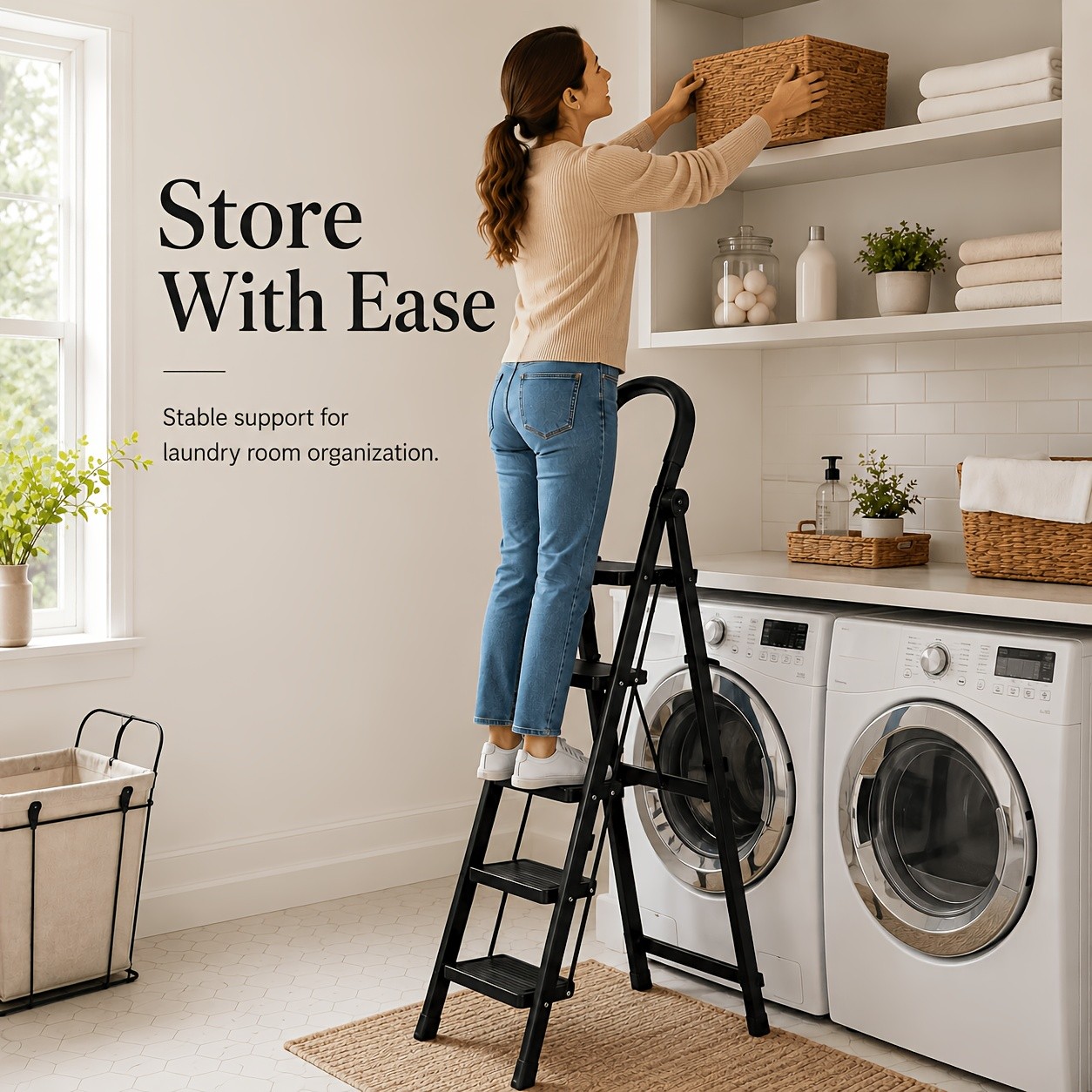 3/4/5-Step Folding Ladder With Handrail, Portable Steel Step Stool With Wide
