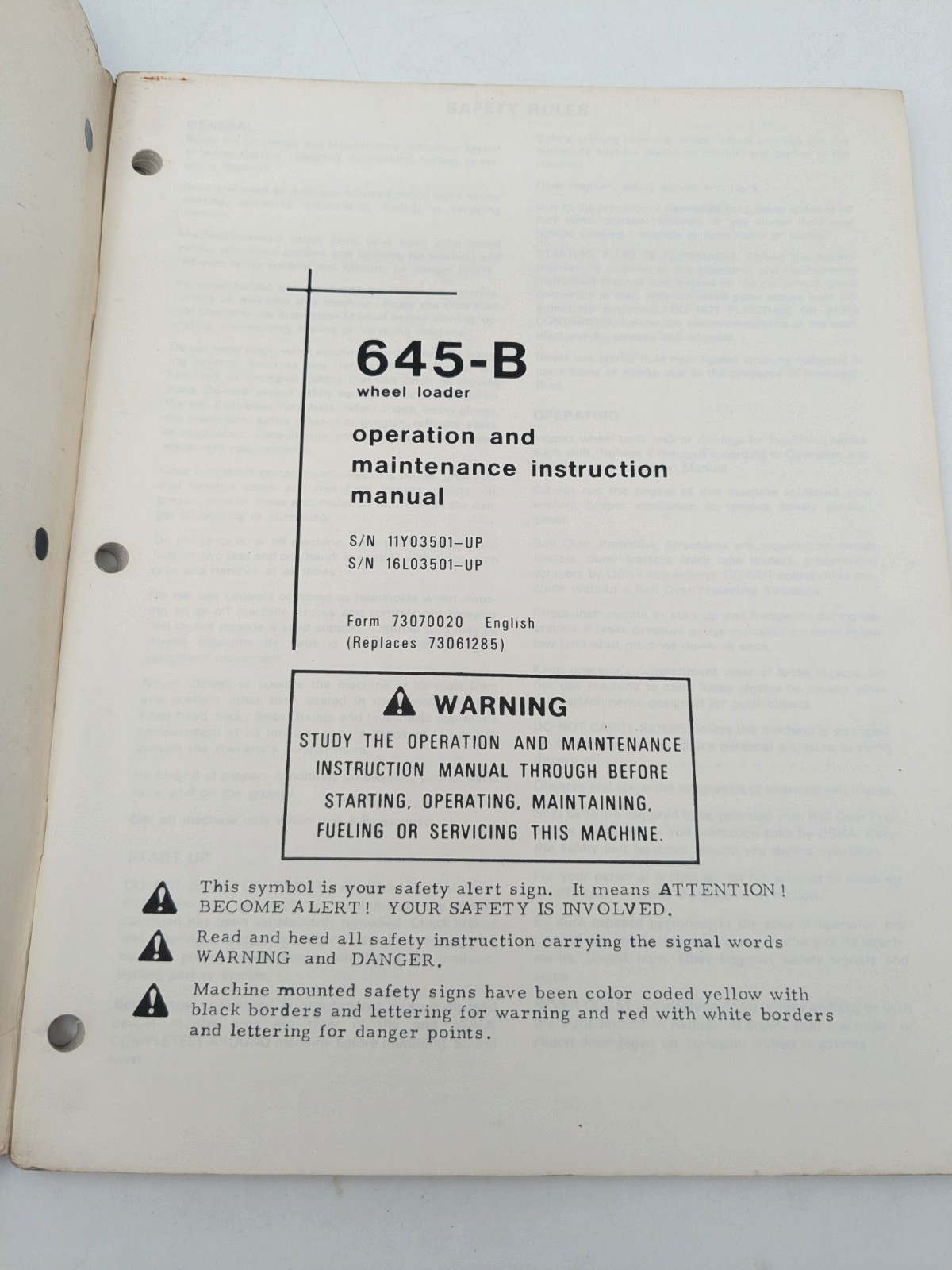 Fiat Allis 645B (645-B) Wheel Loader Operation & Maintenance Manual 1978