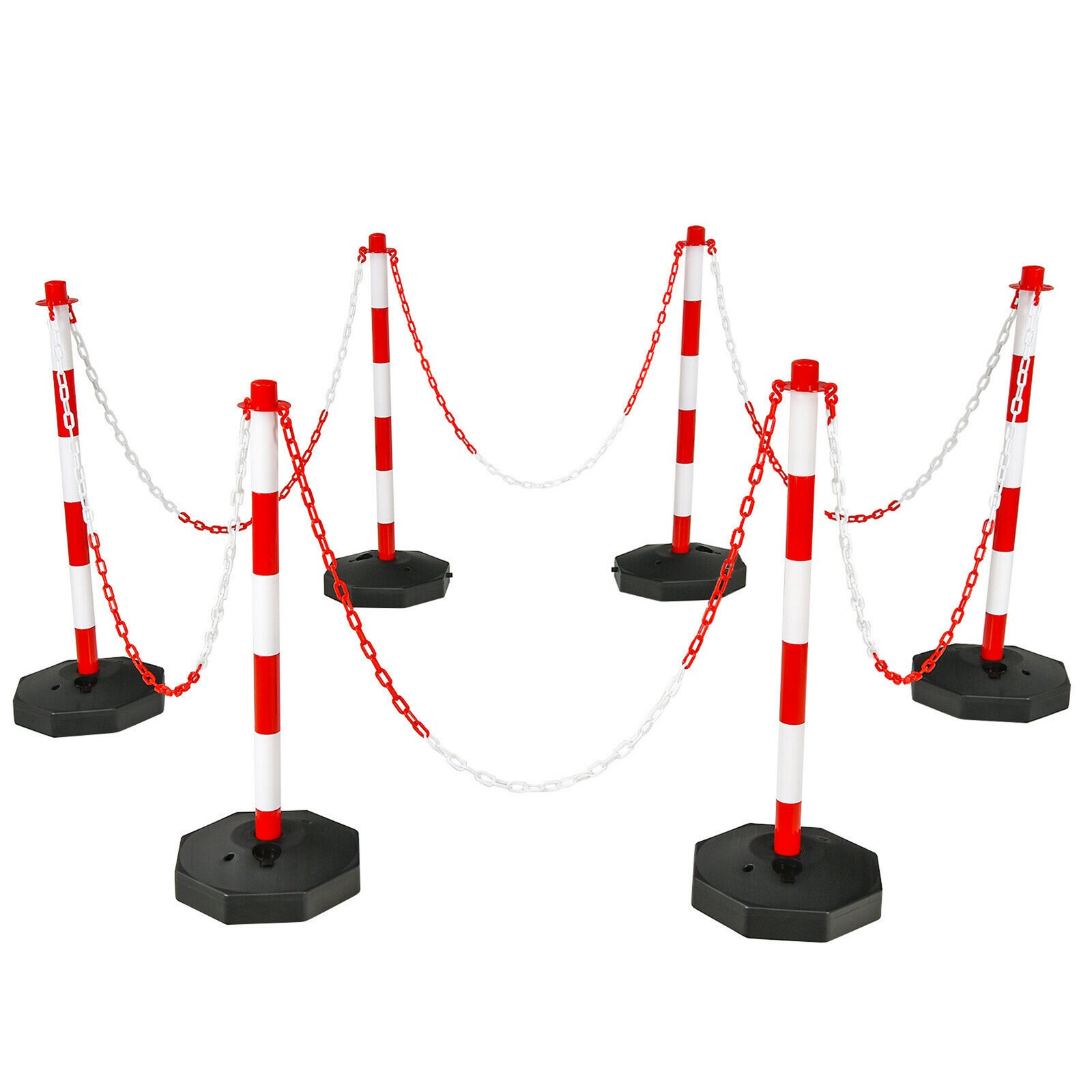 6PCS Traffic Delineator Pole Safety Caution Barrier w/ 5ft Link Chains White &