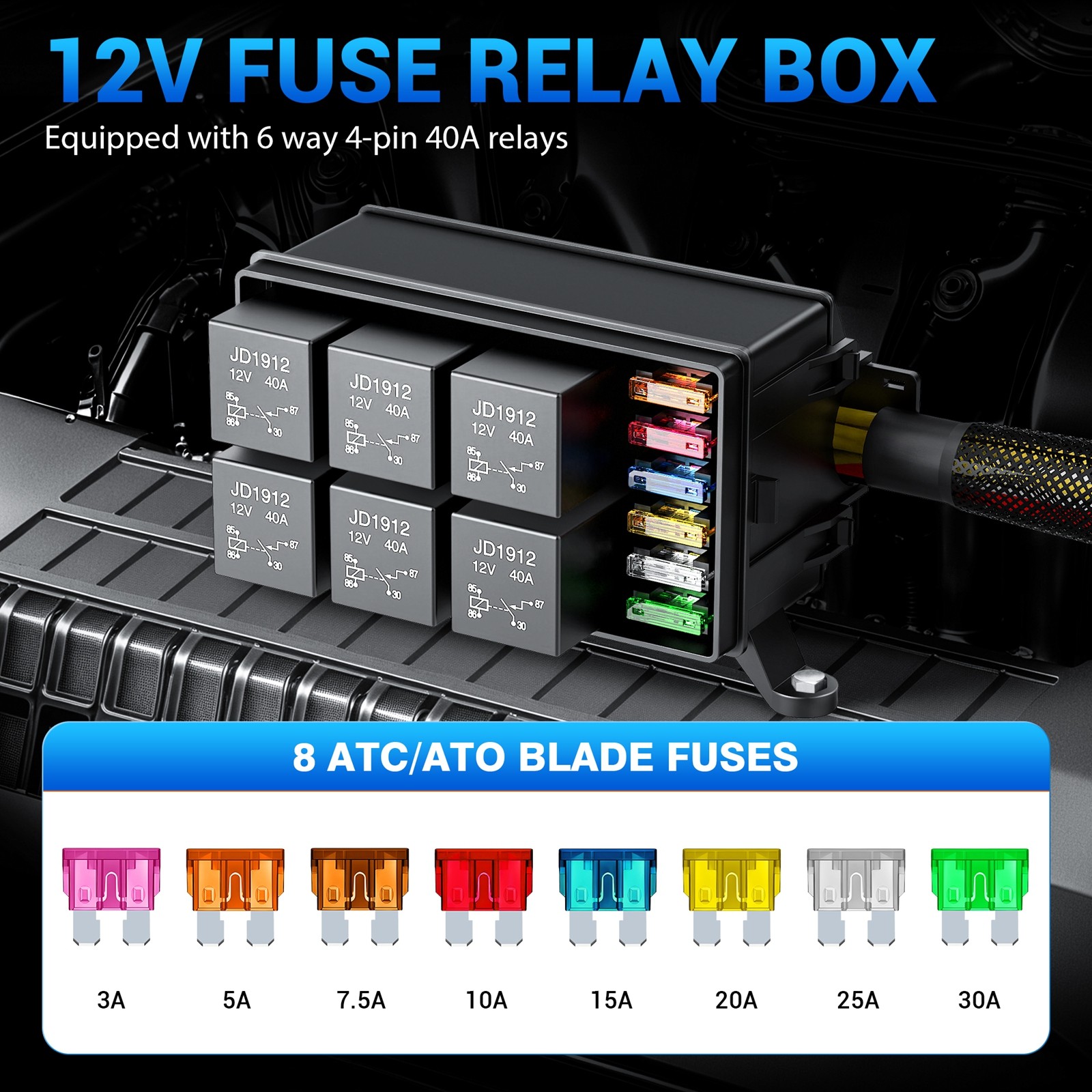 12V Automotive Relay Box, 6 Way Relay Fuse Box 12 AWG Pre-Wired Fuse Circuit Box