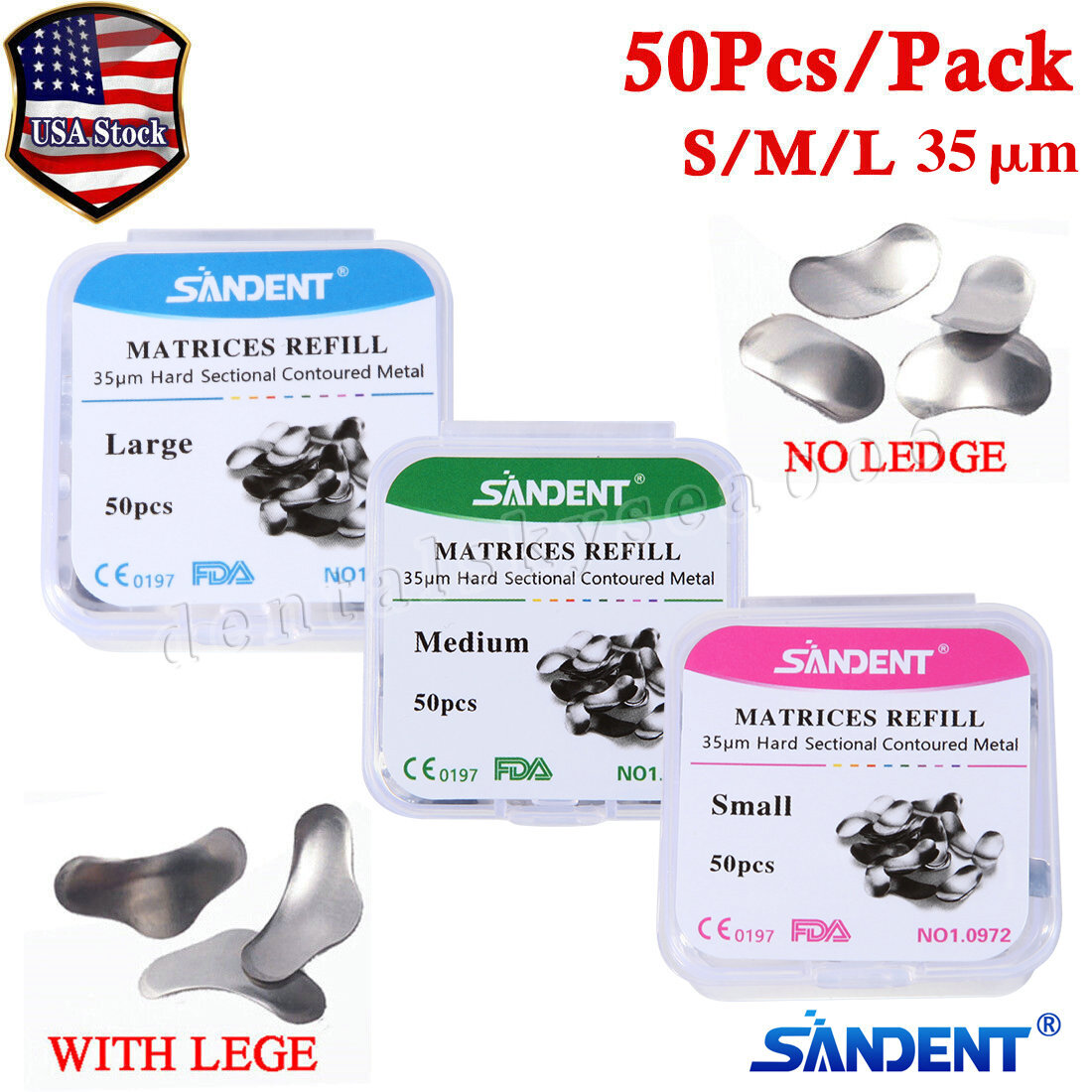 50 X Dental Metal Matrices Matrix Band Sectional Contoured Refill S/M/L 35μm