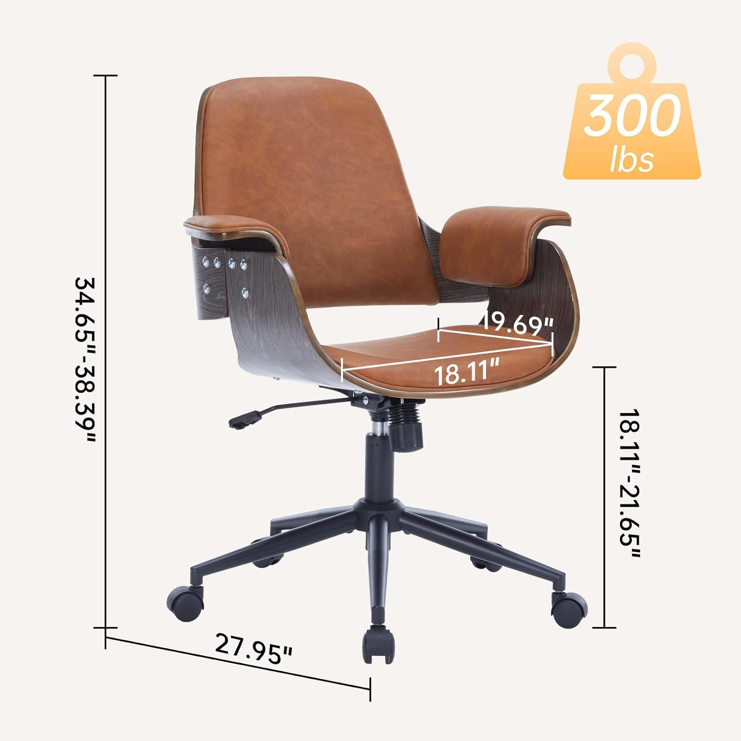 Ergonomic Mid Century Modern Swivel Office Chair with Walnut Finish – Brown