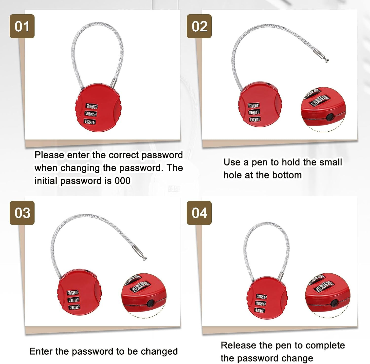 2-Pack Combo Padlock Heart 3-Digit Password, Red | Zinc Alloy Cable