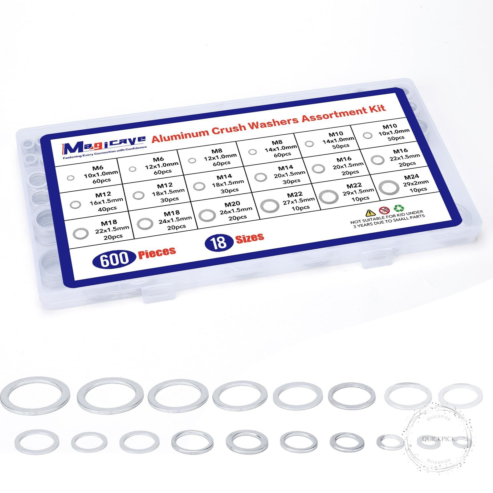 600 Pcs Aluminum Crush Washer Assortment Kit – 18 Sizes Oil Drain Plug Gasket