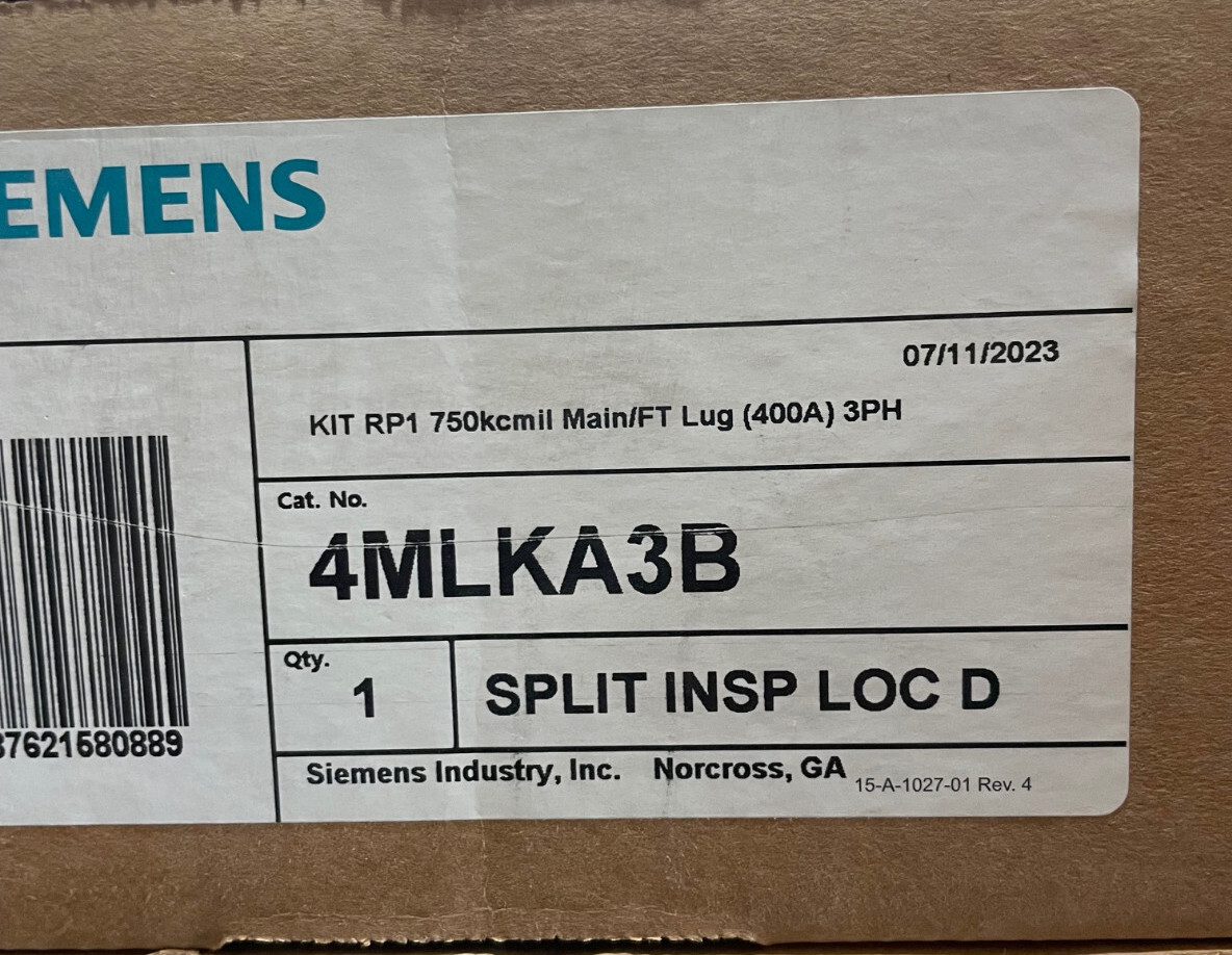 4MLKA3B, Siemens Lug Kit, 400 Amp, 750kcmil, 3 phase
