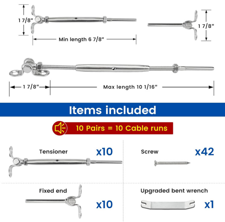 Kit 20 piezas barandilla cable 1/8 acero inox T316 tensor ajustable 180°, Nuevo