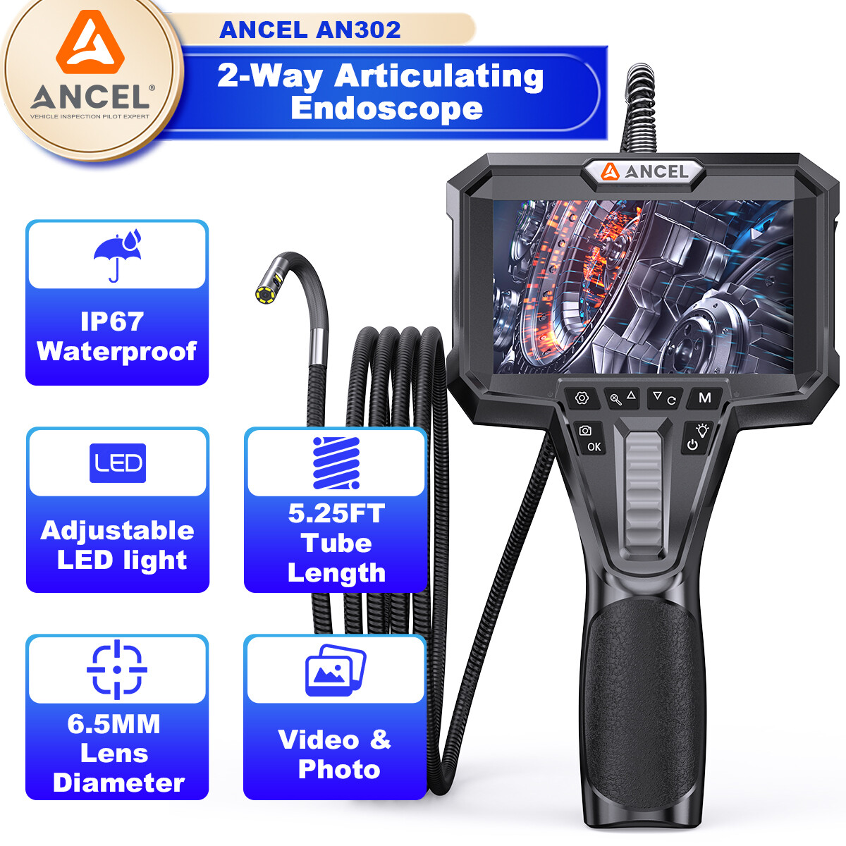 Ancel AN302 Bidirectional Articulated Endoscope 32GB Card 6.5MM Snake Camera